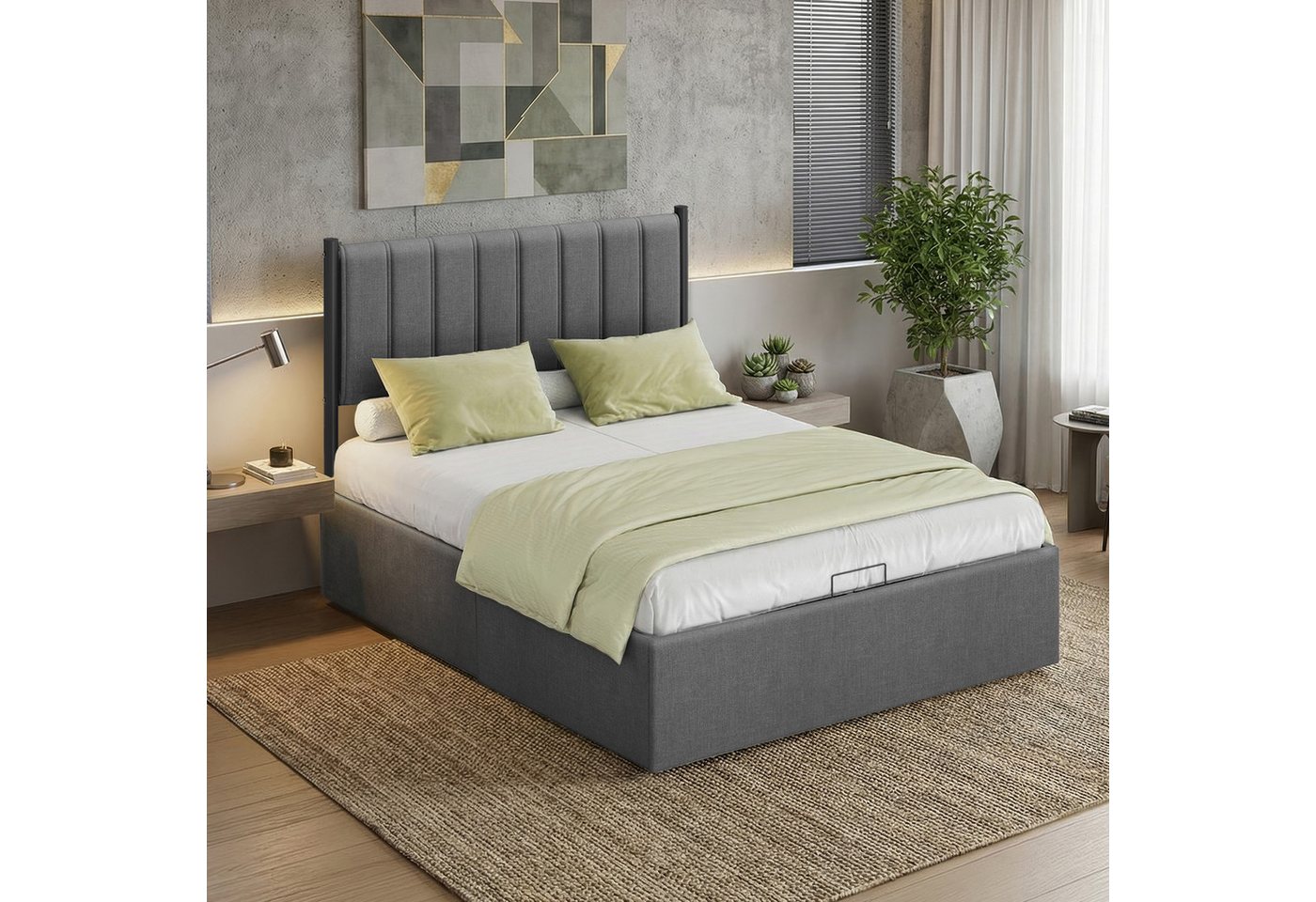 VASAGLE Polsterbett Bettgestell, Bettrahmen, Bett, modern, einfache Montage, Kopfteil, Polsterbett und Matratze Set, mit Stauraum 140x200 cm – Bild 2 von 5