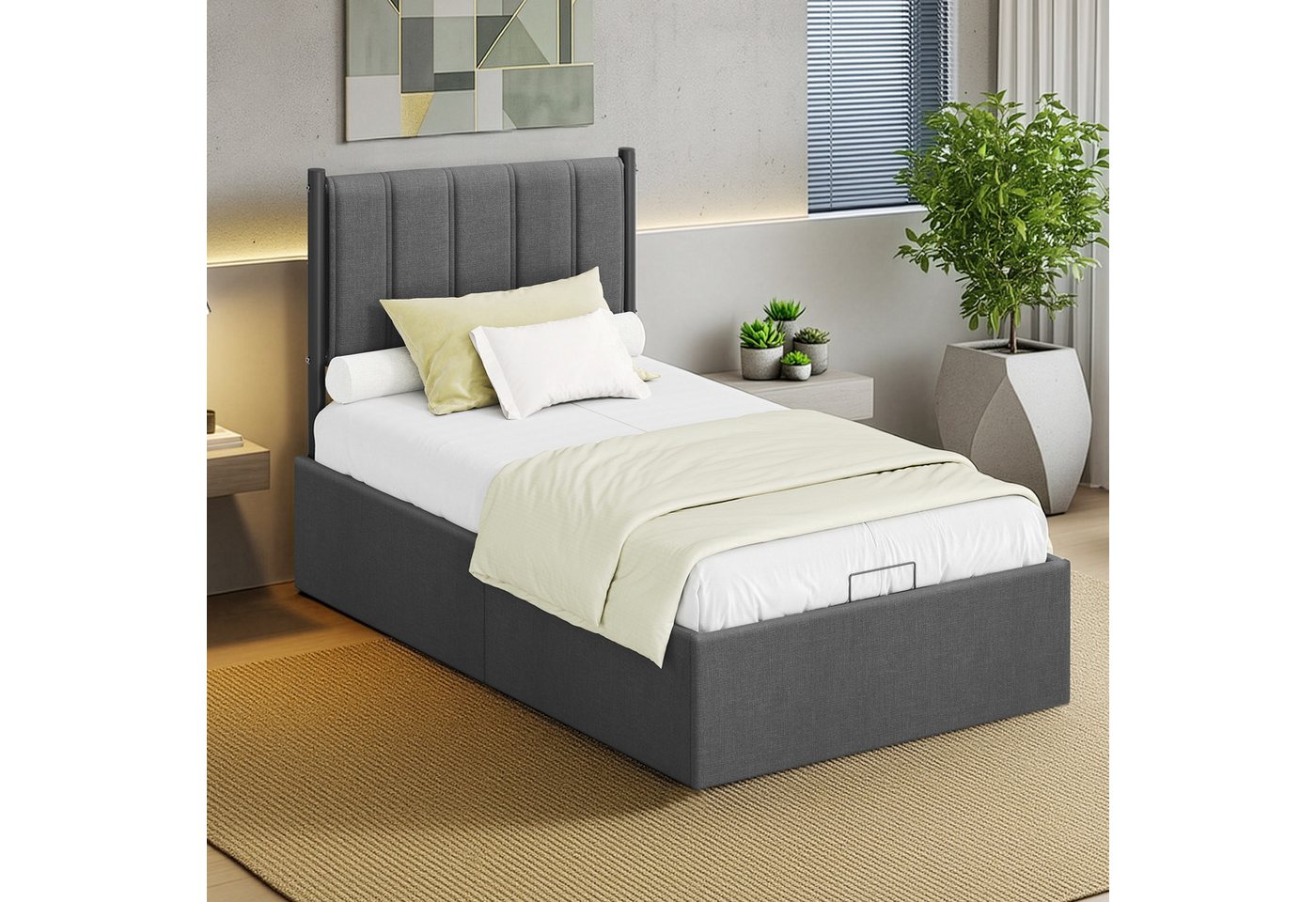 VASAGLE Polsterbett Bettgestell, Bettrahmen, Bett, modern, einfache Montage, Kopfteil, Polsterbett und Matratze Set, mit Stauraum 90x200 cm – Bild 2 von 5