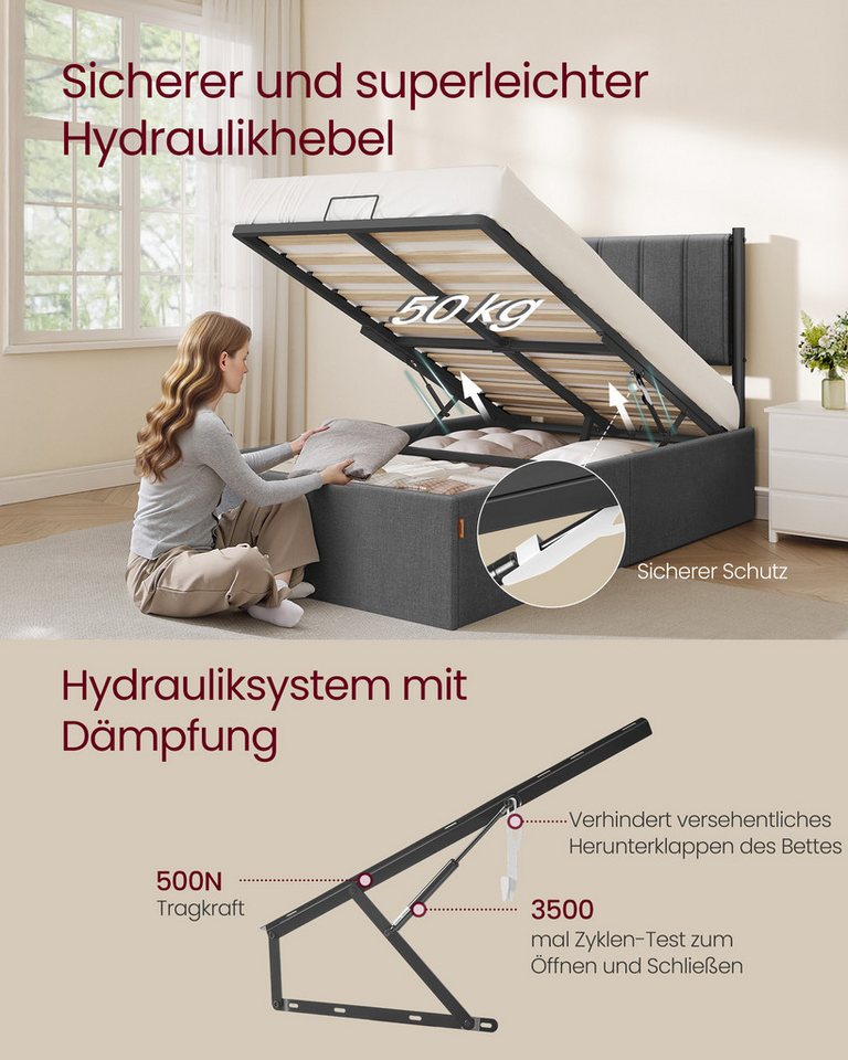 VASAGLE Polsterbett Bettgestell, Bettrahmen, Bett, modern, einfache Montage, Kopfteil, Polsterbett und Matratze Set, mit Stauraum 90x200 cm – Bild 4 von 5