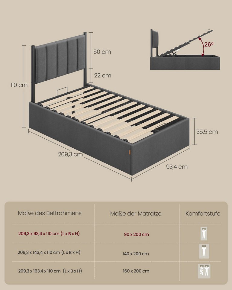 VASAGLE Polsterbett Bettgestell, Bettrahmen, Bett, modern, einfache Montage, Kopfteil, klappbar Lattenrost, Hydrauliksystem, 90 x 200 cm – Bild 4 von 5