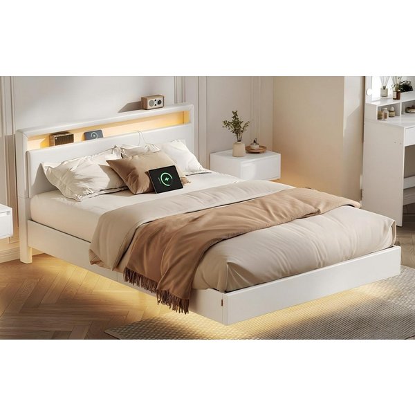 VASAGLE Polsterbett Bettgestell, Doppelbettgestell, Bett mit LED-Beleuchtung, wolkenweiß (140 x 200 cm), schwebender visueller Effekt, hohem Kopfteil, Ladestati