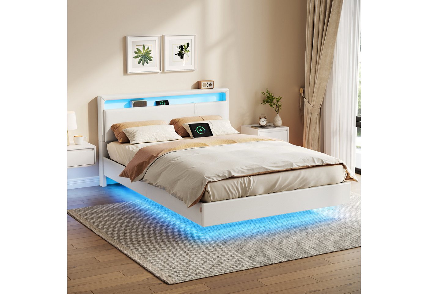 VASAGLE Polsterbett Bettgestell, Doppelbettgestell, Bett mit LED-Beleuchtung, wolkenweiß (140 x 200 cm), schwebender visueller Effekt, hohem Kopfteil, Ladestati – Bild 2 von 5
