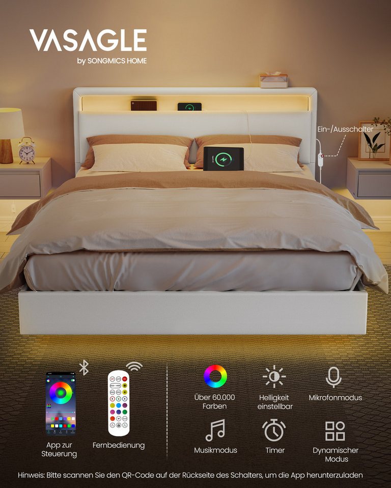 VASAGLE Polsterbett Bettgestell, Doppelbettgestell, Bett mit LED-Beleuchtung, wolkenweiß (140 x 200 cm), schwebender visueller Effekt, hohem Kopfteil, Ladestati – Bild 3 von 5