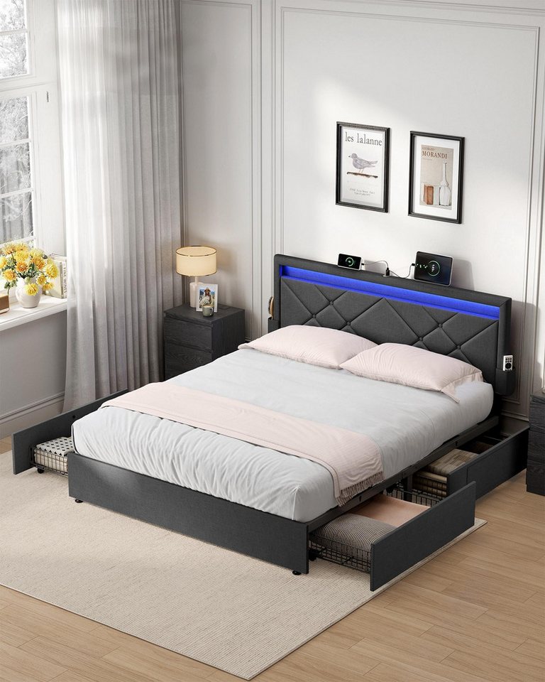 VASAGLE Polsterbett bettgestell, LED (25 Farben), USB-A & USB-C Ladestation, Stauraumbett (180 x 200 cm, 4 Schubladen, verstellbares gepolstertes Kopfteil), Lat – Bild 2 von 5