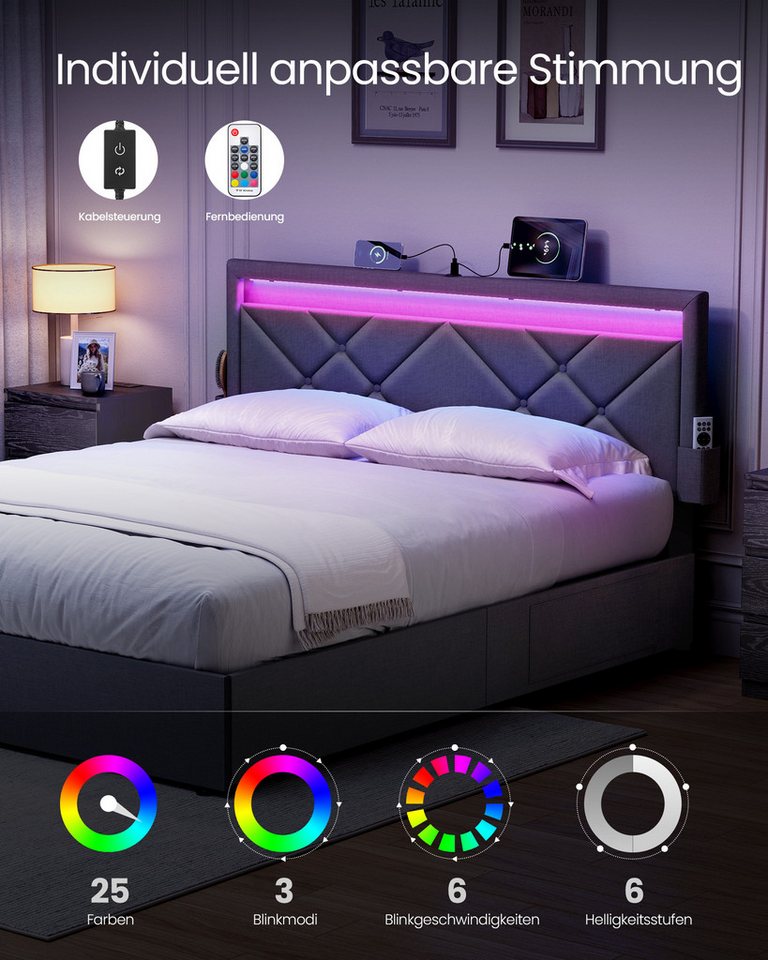 VASAGLE Polsterbett bettgestell, LED (25 Farben), USB-A & USB-C Ladestation, Stauraumbett (180 x 200 cm, 4 Schubladen, verstellbares gepolstertes Kopfteil), Lat – Bild 3 von 5