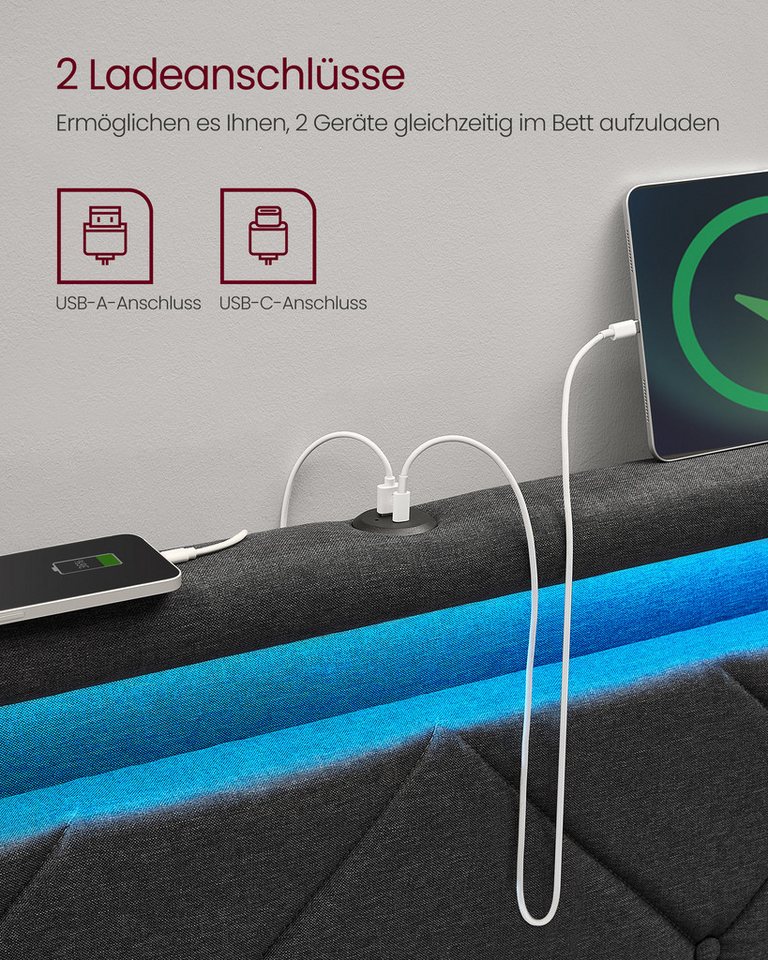 VASAGLE Polsterbett bettgestell, LED (25 Farben), USB-A & USB-C Ladestation, Stauraumbett (180 x 200 cm, 4 Schubladen, verstellbares gepolstertes Kopfteil), Lat – Bild 4 von 5