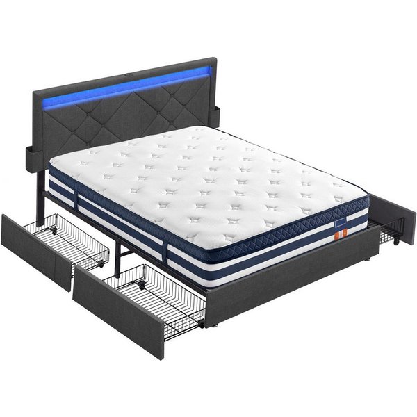 VASAGLE Polsterbett inkl. ergonomischer Matratze, 7-Zonen Taschenfederkernmatratze Set, 140x200 cm, 4 Schubladen, USB, H3