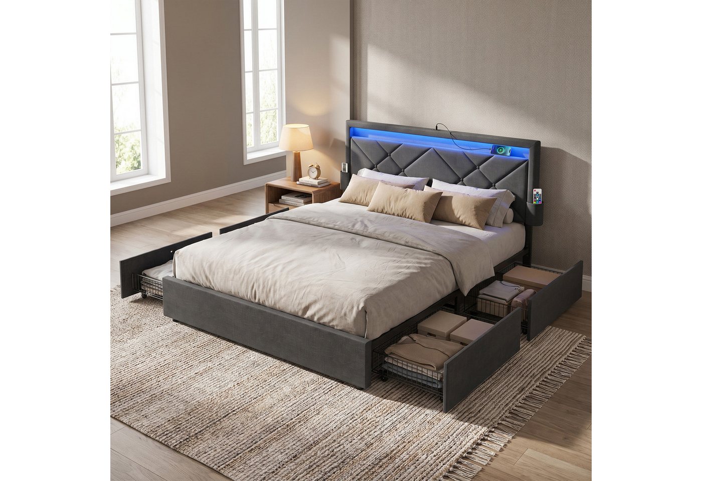 VASAGLE Polsterbett inkl. ergonomischer Matratze, 7-Zonen Taschenfederkernmatratze Set, 140x200 cm, 4 Schubladen, USB, H3 – Bild 2 von 5