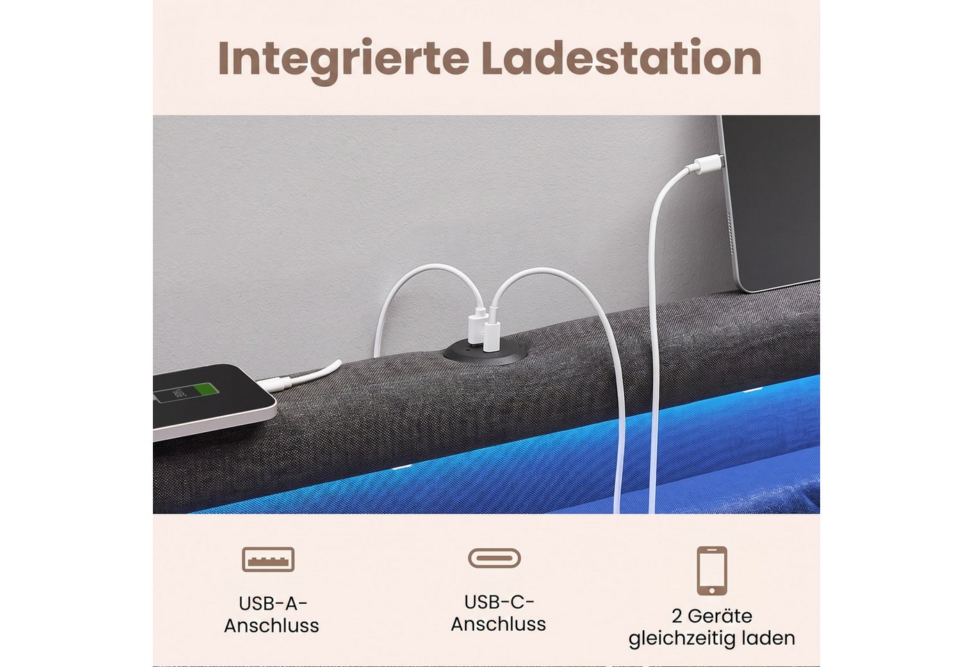 VASAGLE Polsterbett inkl. ergonomischer Matratze, 7-Zonen Taschenfederkernmatratze Set, 140x200 cm, 4 Schubladen, USB, H3 – Bild 3 von 5