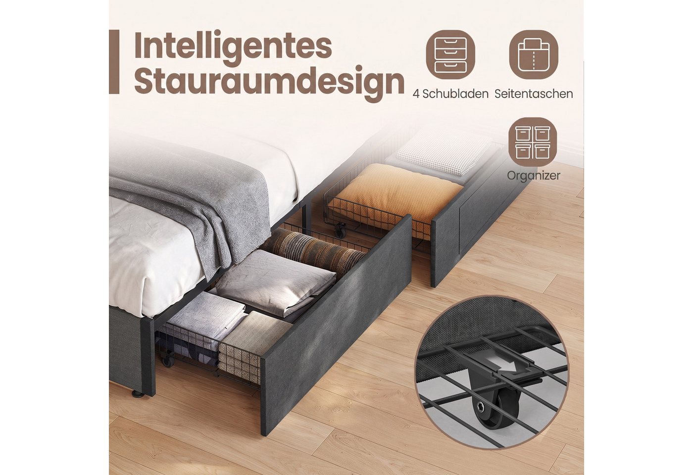 VASAGLE Polsterbett inkl. ergonomischer Matratze, 7-Zonen Taschenfederkernmatratze Set, 140x200 cm, 4 Schubladen, USB, H3 – Bild 4 von 5