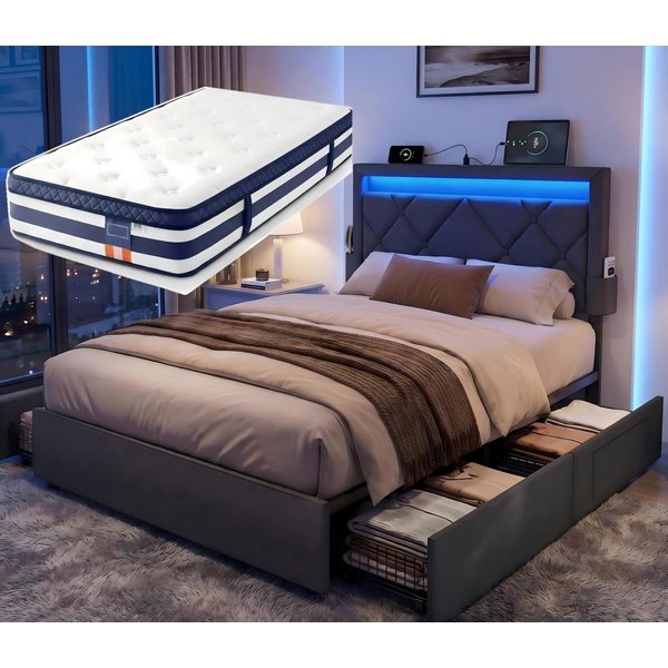 VASAGLE Polsterbett inkl. ergonomischer Matratze, 7-Zonen Taschenfederkernmatratze Set, 90x200cm, 4Schubladen,USB,H3,Bett Grau,Matratze Blaumit LED(25Farben)
