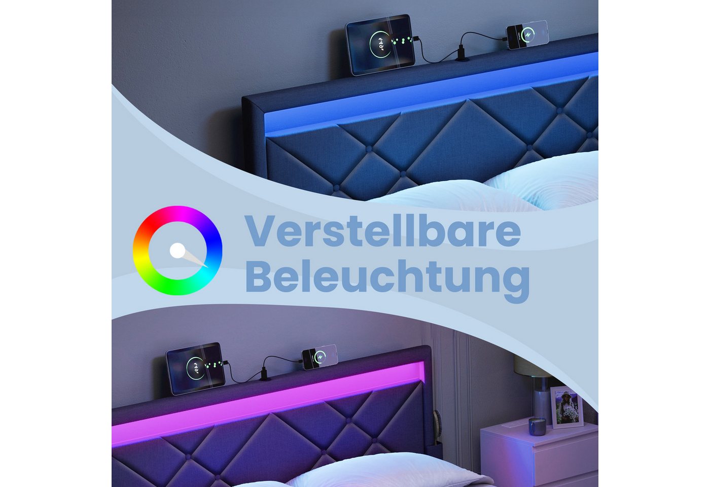 VASAGLE Polsterbett inkl. ergonomischer Matratze, 7-Zonen Taschenfederkernmatratze Set, 90x200cm, 4Schubladen,USB,H3,Bett Grau,Matratze Blaumit LED(25Farben) – Bild 4 von 5