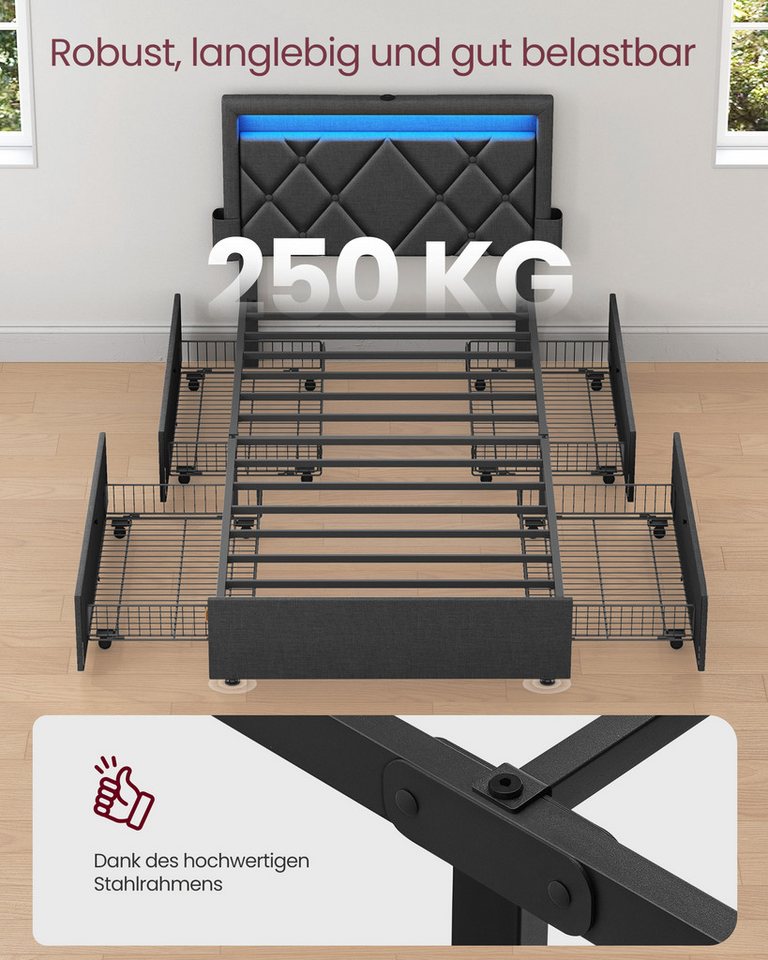 VASAGLE Polsterbett inkl. ergonomischer Matratze, 7-Zonen Taschenfederkernmatratze Set, 90x200cm, 4Schubladen,USB,H3,Bett Grau,Matratze Blaumit LED(25Farben) – Bild 5 von 5