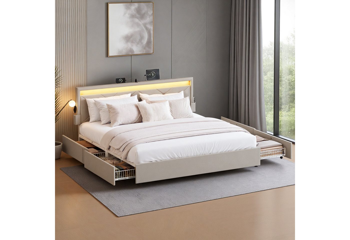 VASAGLE Polsterbett inkl. ergonomischer Matratze, 7-Zonen Taschenfederkernmatratze Set, 160x200 cm, 4 Schubladen, USB, H3 – Bild 2 von 5