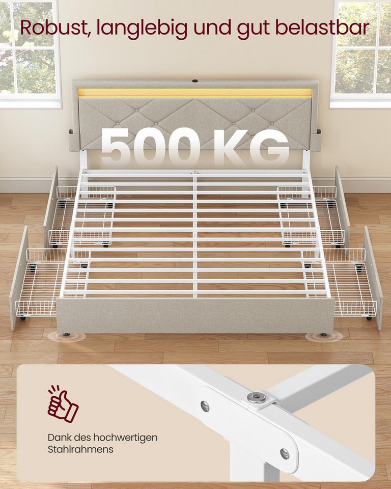 VASAGLE Polsterbett inkl. ergonomischer Matratze, 7-Zonen Taschenfederkernmatratze Set, 160x200 cm, 4 Schubladen, USB, H3 – Bild 5 von 5