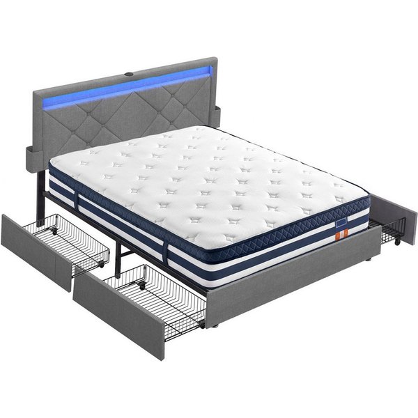 VASAGLE Polsterbett inkl. ergonomischer Matratze, 7-Zonen Taschenfederkernmatratze Set, 140x200 cm, 4 Schubladen, USB, H3