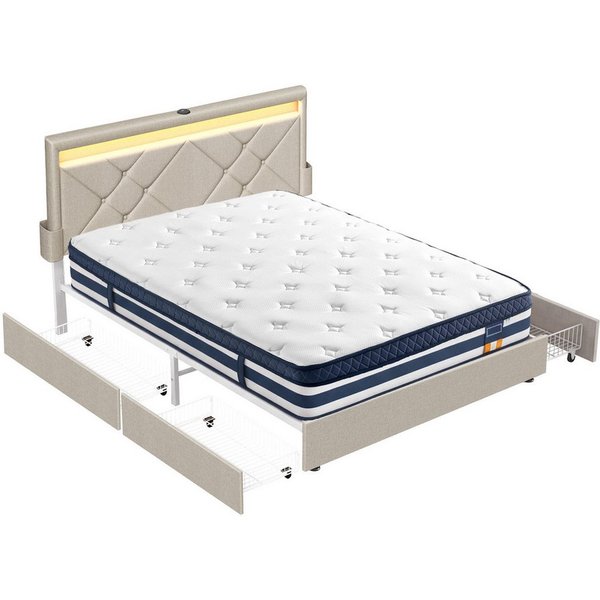 VASAGLE Polsterbett inkl. ergonomischer Matratze, 7-Zonen Taschenfederkernmatratze Set, 140x200 cm, 4 Schubladen, USB, H3