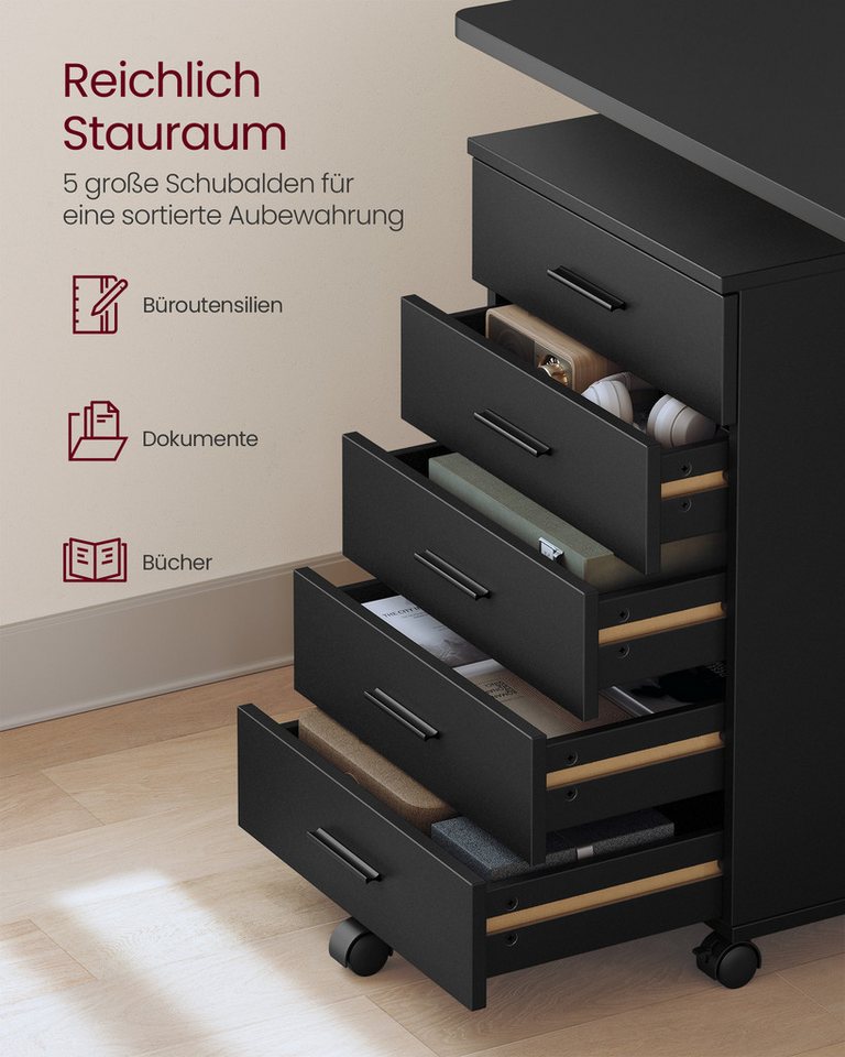 VASAGLE Rollcontainer mobiler Aktenschrank, Schubladenschrank, für Büro, Homeoffice, mit schraubenlosen Gleitschienen, Druckerständer – Bild 3 von 5