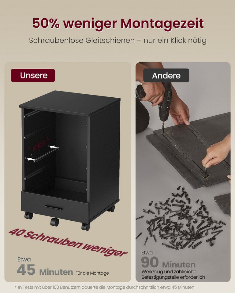VASAGLE Rollcontainer mobiler Aktenschrank, Schubladenschrank, für Büro, Homeoffice, mit schraubenlosen Gleitschienen, Druckerständer – Bild 4 von 5