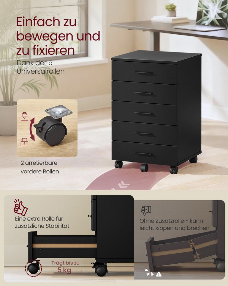 VASAGLE Rollcontainer mobiler Aktenschrank, Schubladenschrank, für Büro, Homeoffice, mit schraubenlosen Gleitschienen, Druckerständer – Bild 5 von 5