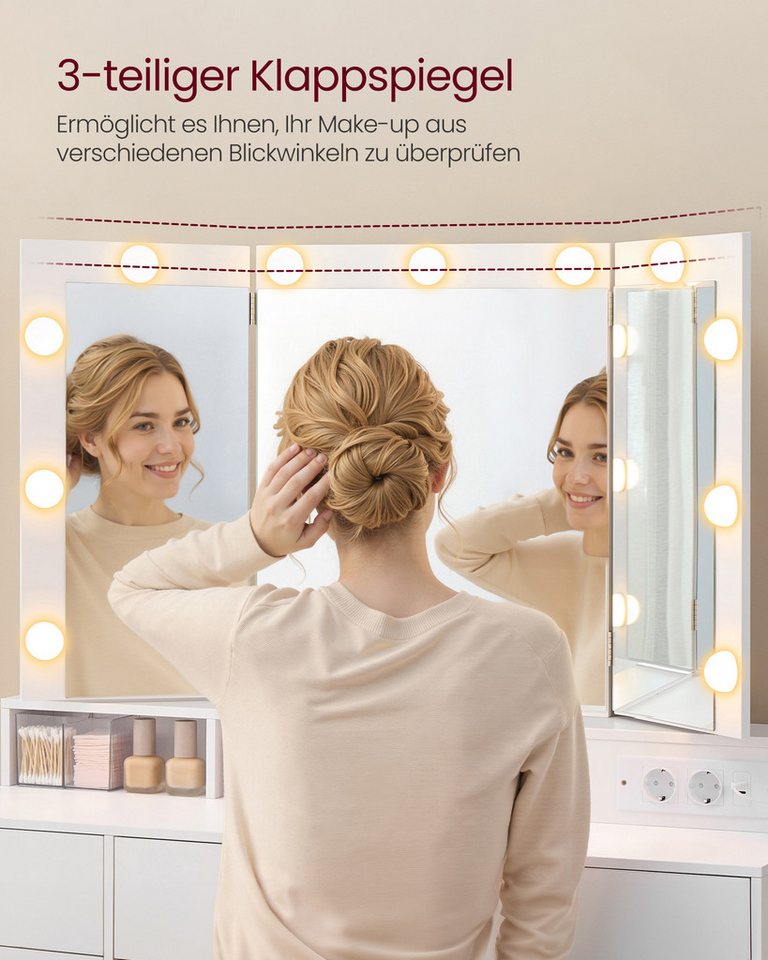 VASAGLE Schminktisch Schminktisch 3-teiliger Steckdosen, 9 Schubladen (1 Tisch mit 1 Hokcer), werkzeuglose Montage, Steckdosen, 9 Schubladen, 3 Lichtfarben – Bild 4 von 5
