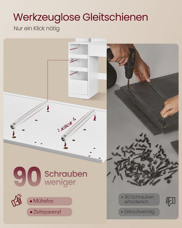 VASAGLE Schminktisch Schminktisch 3-teiliger Steckdosen, 9 Schubladen, werkzeuglose Montage, Steckdosen, 9 Schubladen, 3 Lichtfarben – Bild 2 von 5