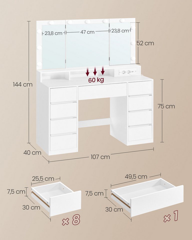 VASAGLE Schminktisch Schminktisch 3-teiliger Steckdosen, 9 Schubladen, werkzeuglose Montage, Steckdosen, 9 Schubladen, 3 Lichtfarben – Bild 4 von 5