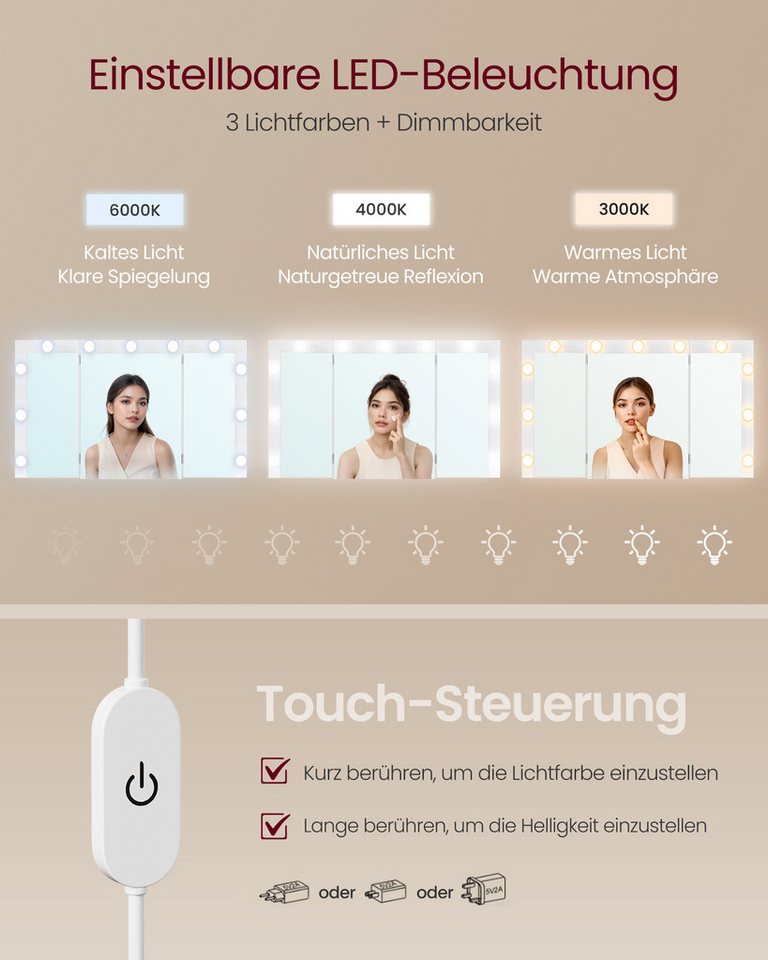 VASAGLE Schminktisch Schminktisch 3-teiliger Steckdosen, 9 Schubladen, werkzeuglose Montage, Steckdosen, 9 Schubladen, 3 Lichtfarben – Bild 5 von 5