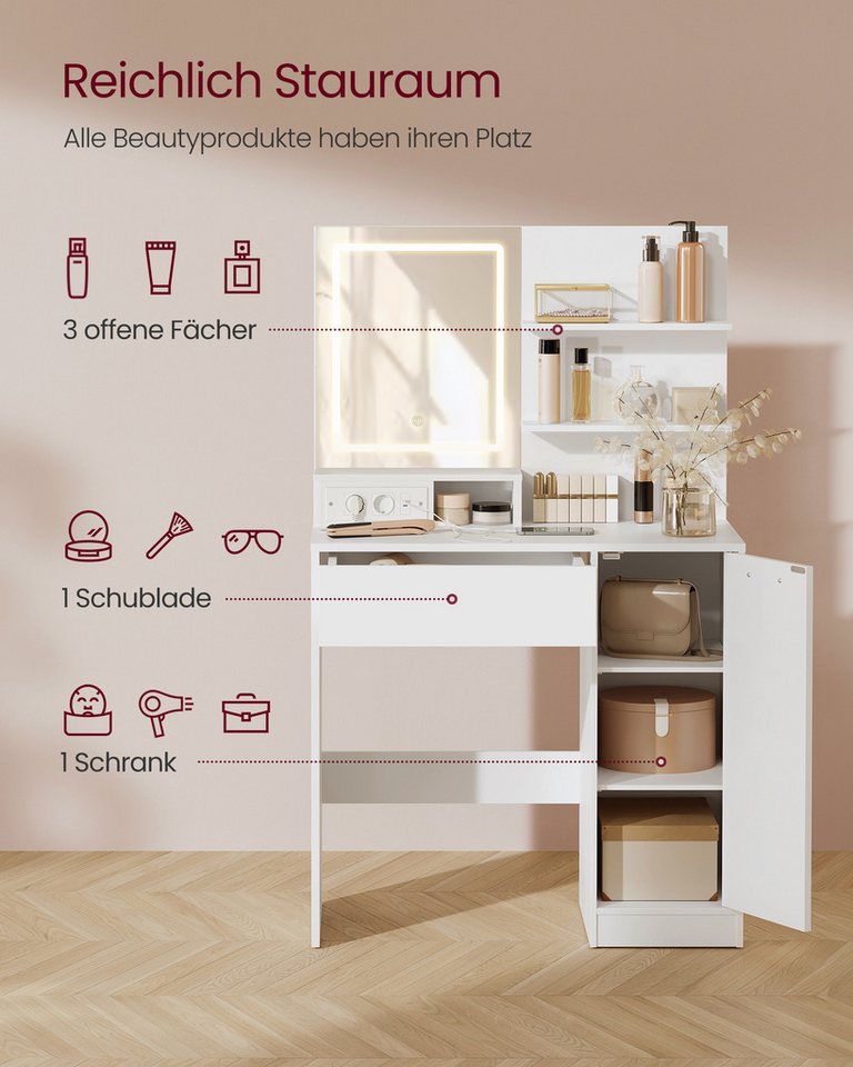 VASAGLE Schminktisch Frisiertisch, Kosmetiktisch, Schublade und offene Ablagen, mit LED-Spiegel und Steckdosenleiste, 2 verstellbaren Ablagen – Bild 2 von 5