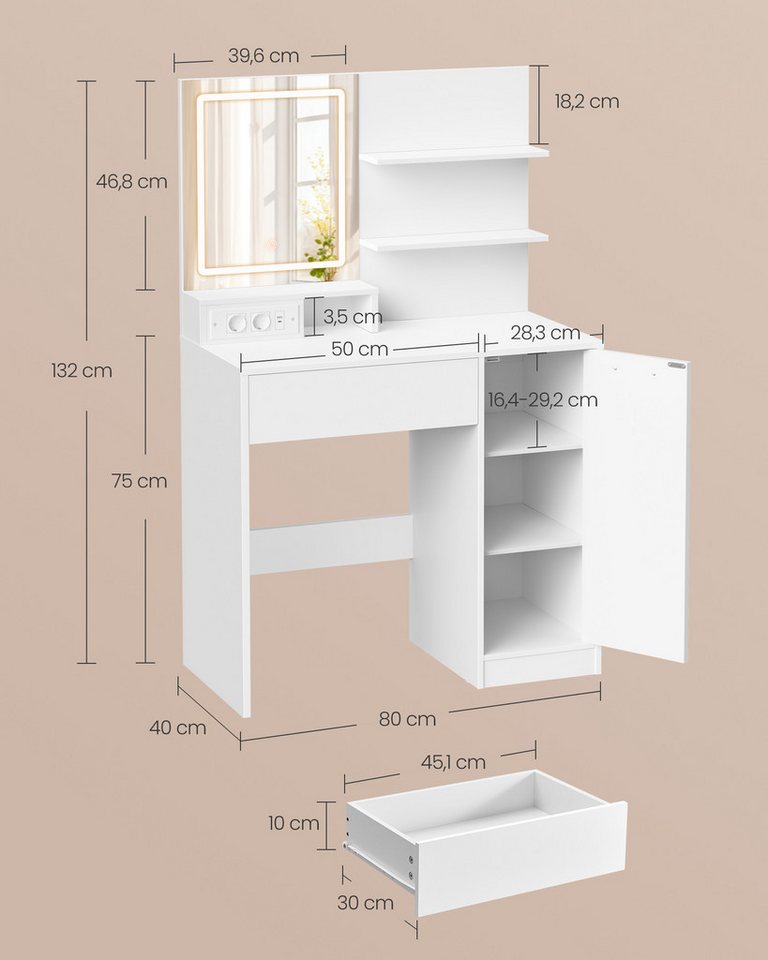 VASAGLE Schminktisch Frisiertisch, Kosmetiktisch, Schublade und offene Ablagen, mit LED-Spiegel und Steckdosenleiste, 2 verstellbaren Ablagen – Bild 4 von 5