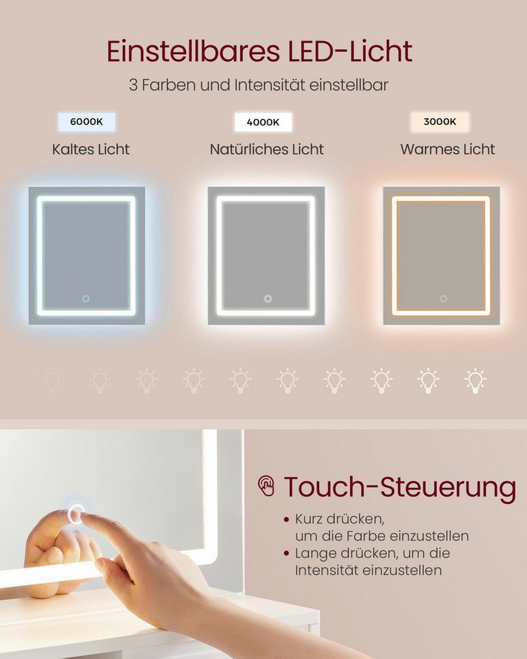 VASAGLE Schminktisch Frisiertisch, Kosmetiktisch, Schublade und offene Ablagen, mit LED-Spiegel und Steckdosenleiste, 2 verstellbaren Ablagen – Bild 5 von 5