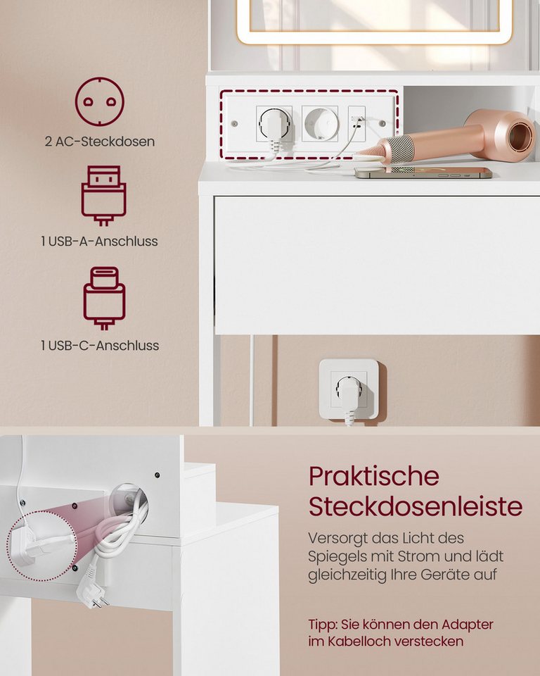 VASAGLE Schminktisch Frisiertisch, Kosmetiktisch, Schublade und offene Ablagen, mit LED-Spiegel und Steckdosenleiste, 2 verstellbaren Ablagen – Bild 4 von 5
