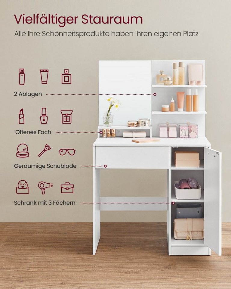 VASAGLE Schminktisch Frisiertisch, Kosmetiktisch, Schublade und offene Ablagen, Schrank mit 2 verstellbaren Ablagen, Spiegel, weiß – Bild 3 von 5