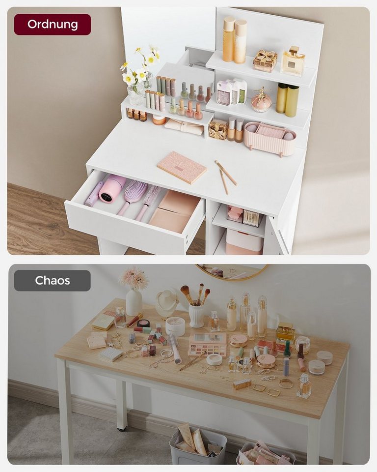VASAGLE Schminktisch Frisiertisch, Kosmetiktisch, Schublade und offene Ablagen, Schrank mit 2 verstellbaren Ablagen, Spiegel, weiß – Bild 4 von 5