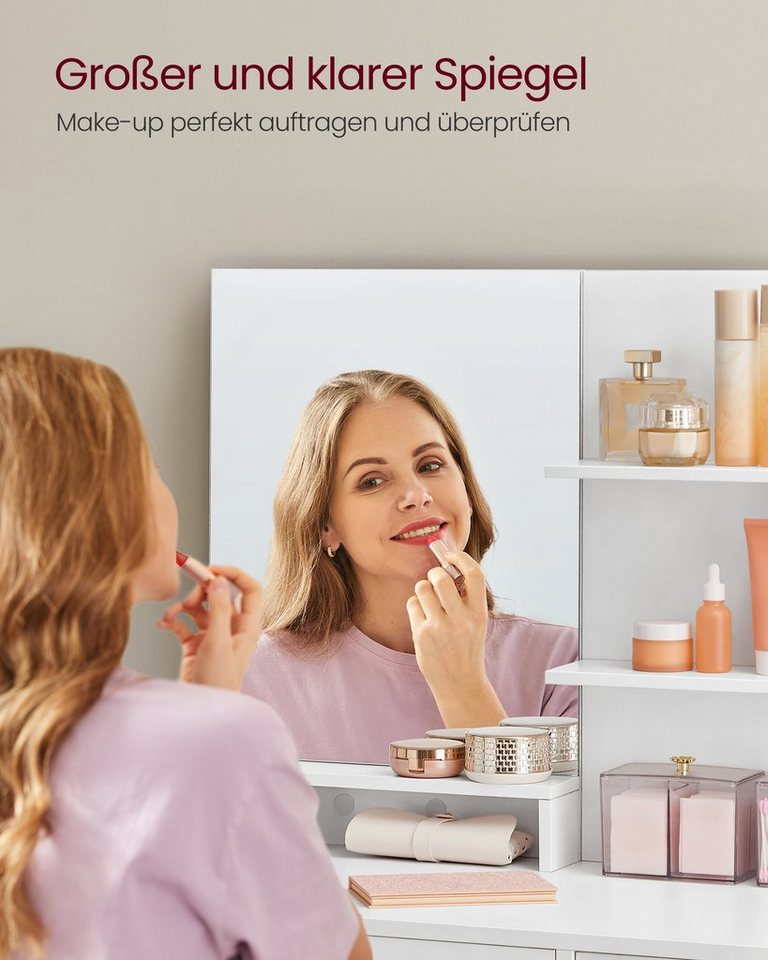 VASAGLE Schminktisch Frisiertisch, Kosmetiktisch, Schublade und offene Ablagen, Schrank mit 2 verstellbaren Ablagen, Spiegel, weiß – Bild 5 von 5