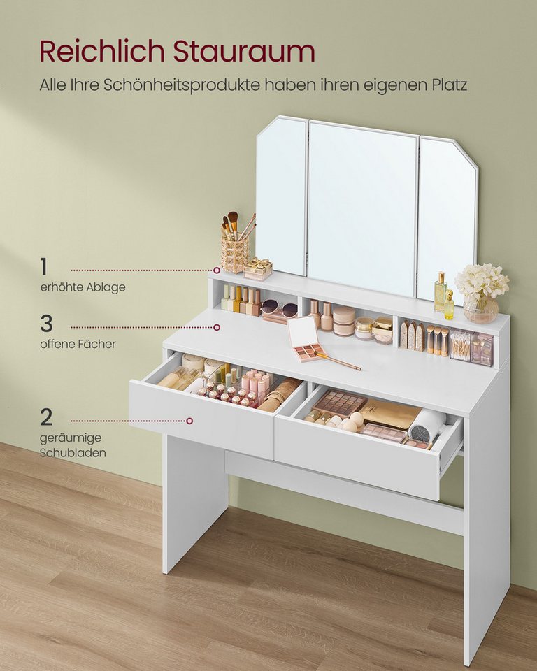 VASAGLE Schminktisch Frisiertisch, mit Klappspiegel, 2 Schubladen, 3 offenen Fächern, modern – Bild 3 von 5