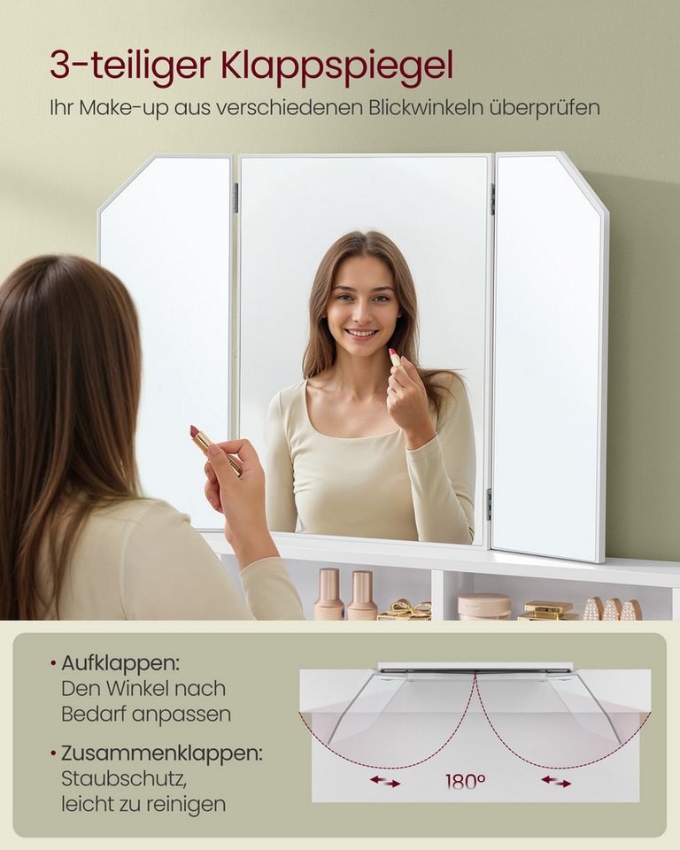 VASAGLE Schminktisch Frisiertisch, mit Klappspiegel, 2 Schubladen, 3 offenen Fächern, modern – Bild 4 von 5