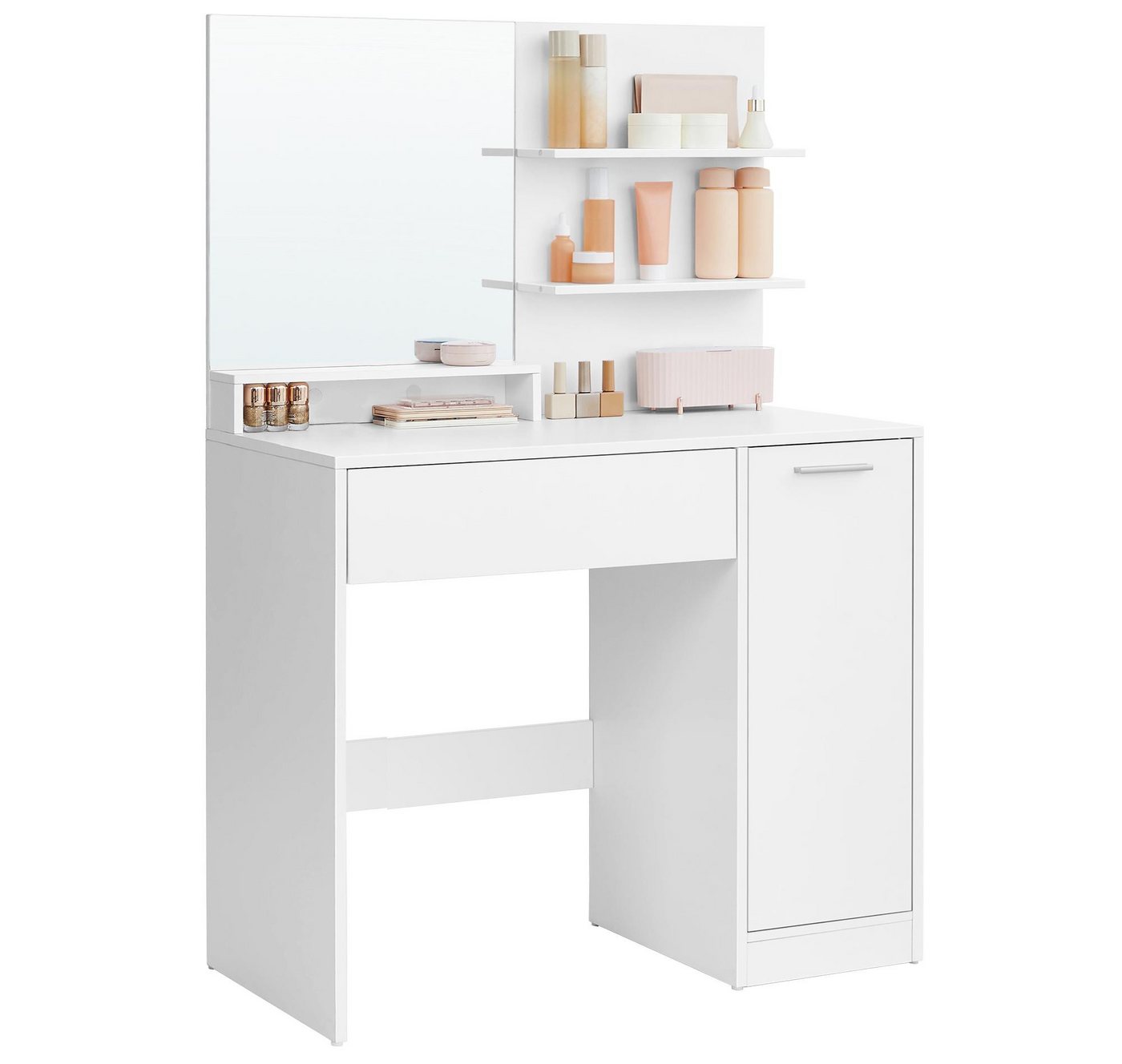 VASAGLE Schminktisch Frisiertisch, Kosmetiktisch, Schublade und offene Ablagen, Schrank mit 2 verstellbaren Ablagen, Spiegel, weiß – Bild 2 von 5
