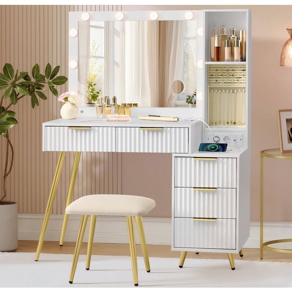VASAGLE Schminktisch Frisiertisch mit Schubladen, Hocker, LED-Leuchten (Set, 1 Tisch mit 1 Hocker), Kosmetiktisch, 10x Vergrößerungsspiegel, Schmucktablett, Lad