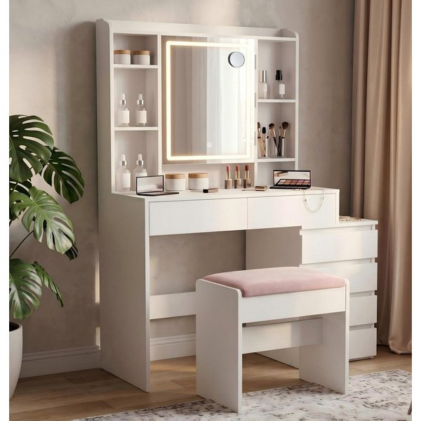 VASAGLE Schminktisch Frisiertisch mit Spiegel, Kosmetiktisch mit Schubladen (1 Tisch), mit Hocker,Spiegel, verstellbaren Ablagen, 40 x 98,3 x 145 cm