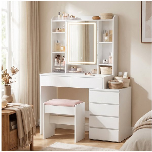VASAGLE Schminktisch Frisiertisch mit Spiegel, Kosmetiktisch mit Schubladen (1 Tisch mit 1 Hocker), verstellbare Ablagen, 3 einstellbare Lichtfarben