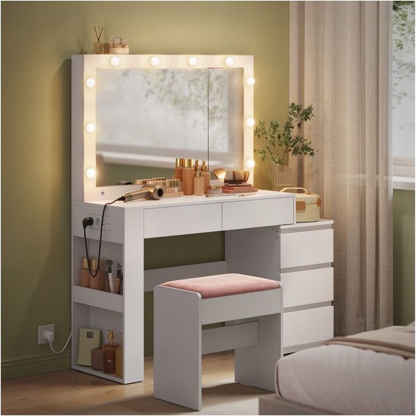 VASAGLE Schminktisch Frisiertisch mit Spiegel, Kosmetiktisch mit Schubladen (1 Tisch mit 1 Hocker), mit Schmuckschrank, Steckdosenleiste, 40 x 125 x 140 cm