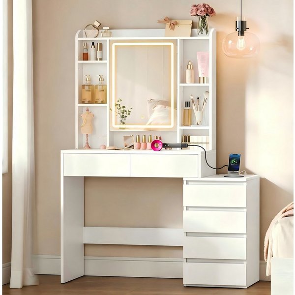 VASAGLE Schminktisch Frisiertisch mit Spiegel, Kosmetiktisch mit Schubladen (1 Tisch), 40 x 105 x 145 cm, mit LED-Beleuchtung, mit verstellbaren Ablagen