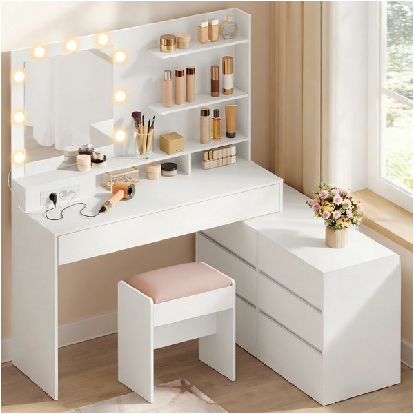 VASAGLE Schminktisch Frisiertisch mit Spiegel und LED-Beleuchtung (1 Tisch mit 1 Hocker), mit drehbare Seitenkommode, gerade oder L-förmig, mit Licht