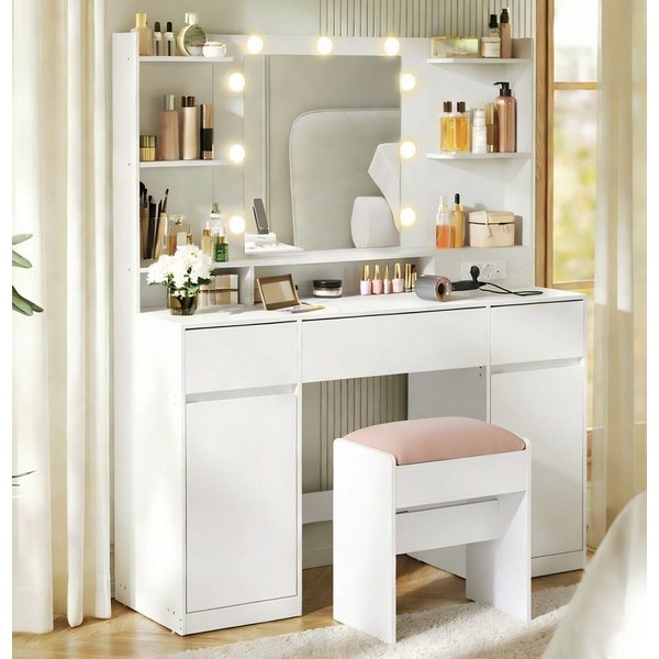 VASAGLE Schminktisch Hocker Steckdosenleiste (1 Tisch mit 1 Hocker), mit Spiegel und LED-Leuchten, 2 Schränke, 9 dimmbare Glühbirnen