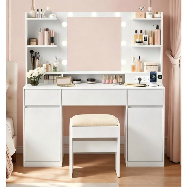 VASAGLE Schminktisch Hocker Steckdosenleiste (1 Tisch mit 1 Hocker), mit Spiegel und LED-Leuchten, 2 Schränke, 9 dimmbare Glühbirnen