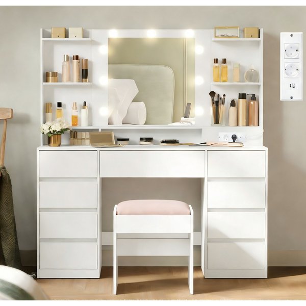 VASAGLE Schminktisch Kosmetiktisch mit Spiegel und 9 dimmbare Glühbirnen, 3 Lichtfarben (1 Tisch mit 1 Hocker), 40 x 107 x 144 cm (T x B x H), 9 Schubladen, müh