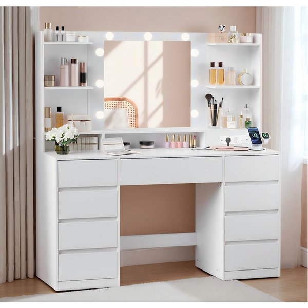 VASAGLE Schminktisch Kosmetiktisch mit Spiegel und 9 dimmbare Glühbirnen, 3 Lichtfarben (1 Tisch), 40 x 107 x 144 cm (T x B x H), 9 Schubladen, mühelose Montage