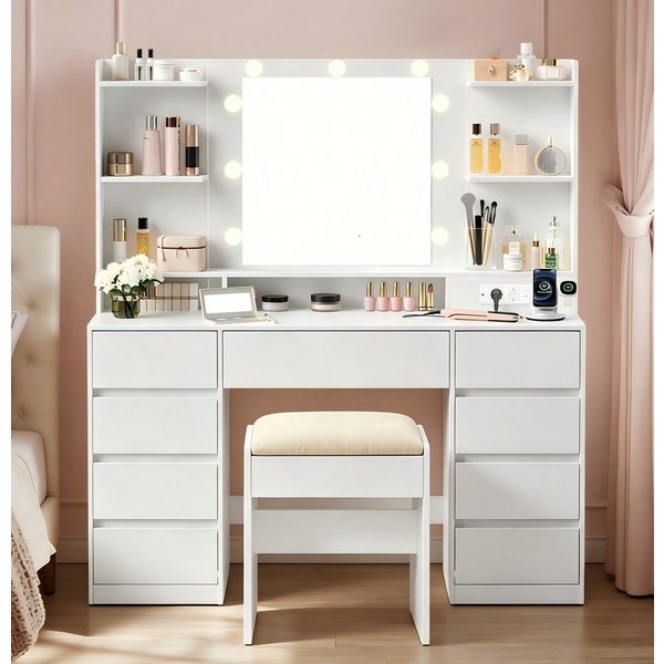 VASAGLE Schminktisch Kosmetiktisch mit Spiegel und 9 dimmbare Glühbirnen, 3 Lichtfarben (1 Tisch mit 1 Hocker), 40 x 107 x 144 cm (T x B x H), 9 Schubladen, müh