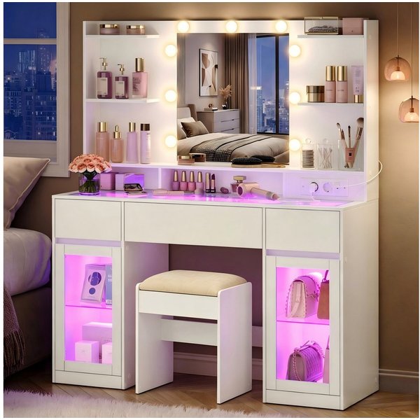 VASAGLE Schminktisch mit Spiegel, RGB-Beleuchtung und Steckdose, 107 x 40 x 144,5 cm (1 Tisch mit 1 Hocker), Holzspanplatte und Glas, mit 2 Schränken, Weiß, für